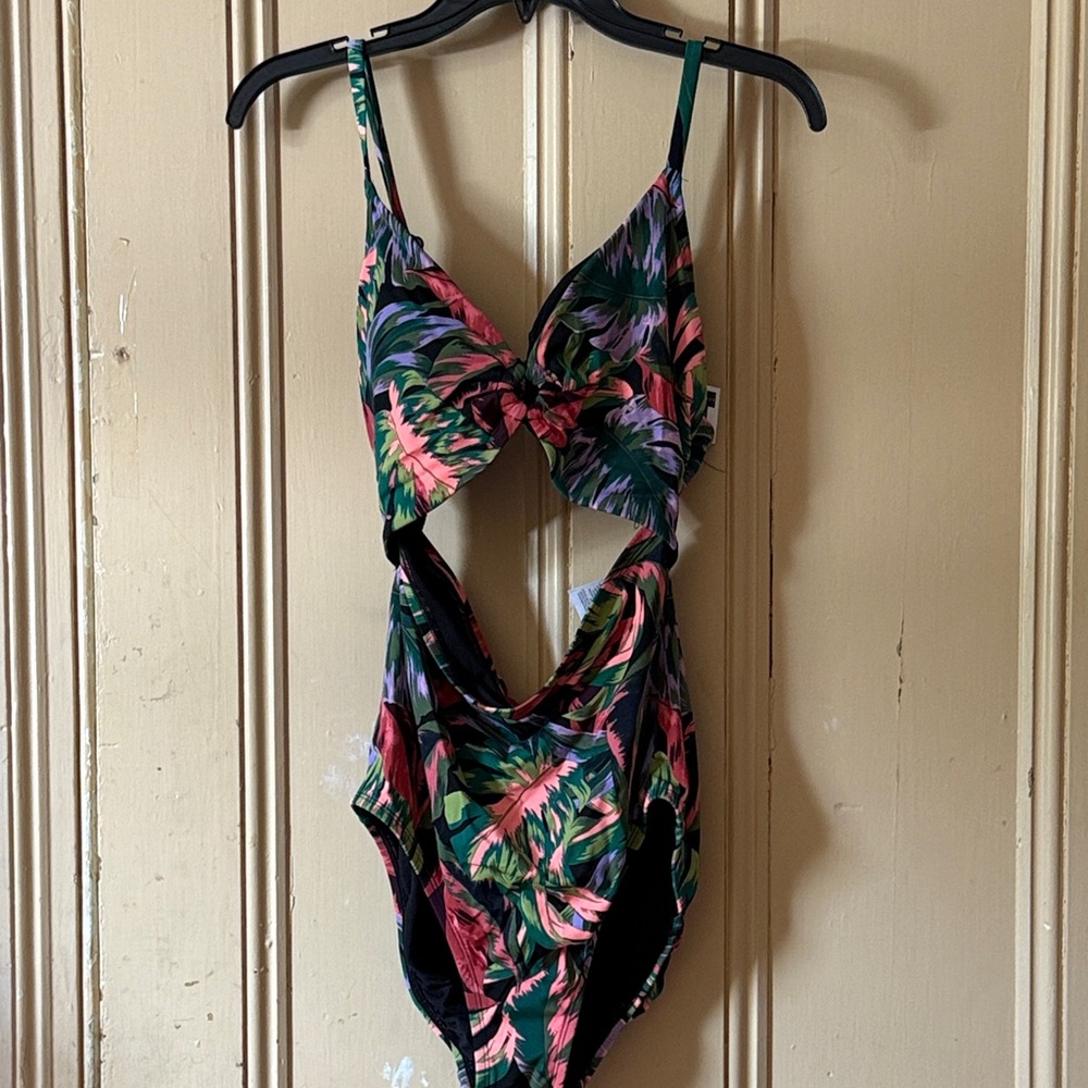 Time and Tru Tropical Print Swimsuit - Black, Green, Pink